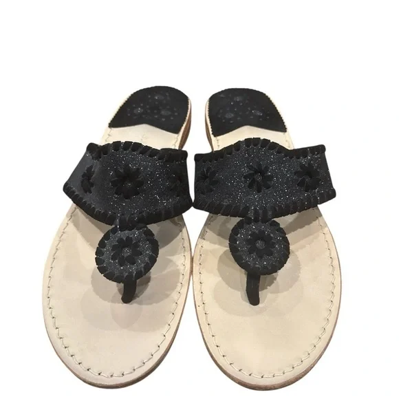 Jack Rogers Crackled Black Suede Jacks Flat Sandal 9 - Picture 1 of 5